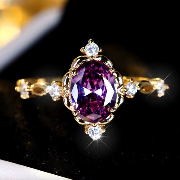 14k Yellow Gold Diamond Purple Amethyst Ring - Picture 2 of 10
